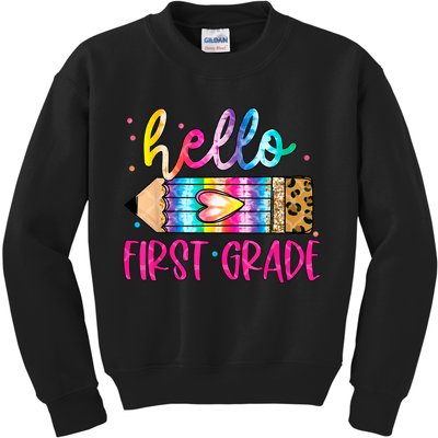 Hello First Grade Leopard Tie Dye Pencil Kids Sweatshirt