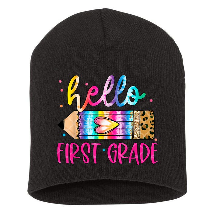 Hello First Grade Leopard Tie Dye Pencil Short Acrylic Beanie