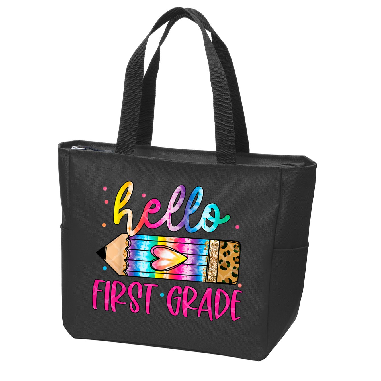 Hello First Grade Leopard Tie Dye Pencil Zip Tote Bag