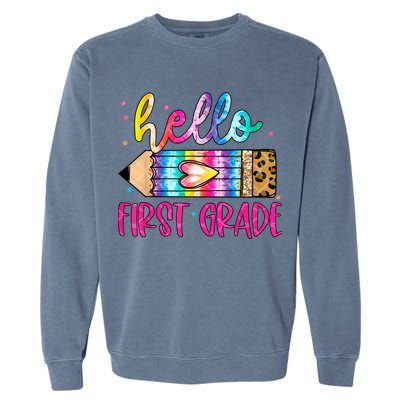 Hello First Grade Leopard Tie Dye Pencil Garment-Dyed Sweatshirt