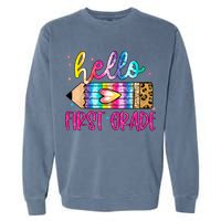 Hello First Grade Leopard Tie Dye Pencil Garment-Dyed Sweatshirt