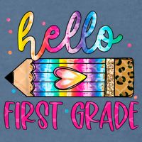 Hello First Grade Leopard Tie Dye Pencil Garment-Dyed Sweatshirt