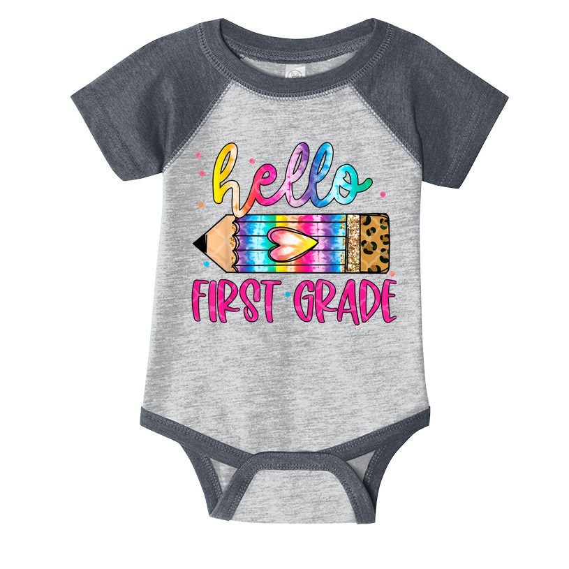 Hello First Grade Leopard Tie Dye Pencil Infant Baby Jersey Bodysuit