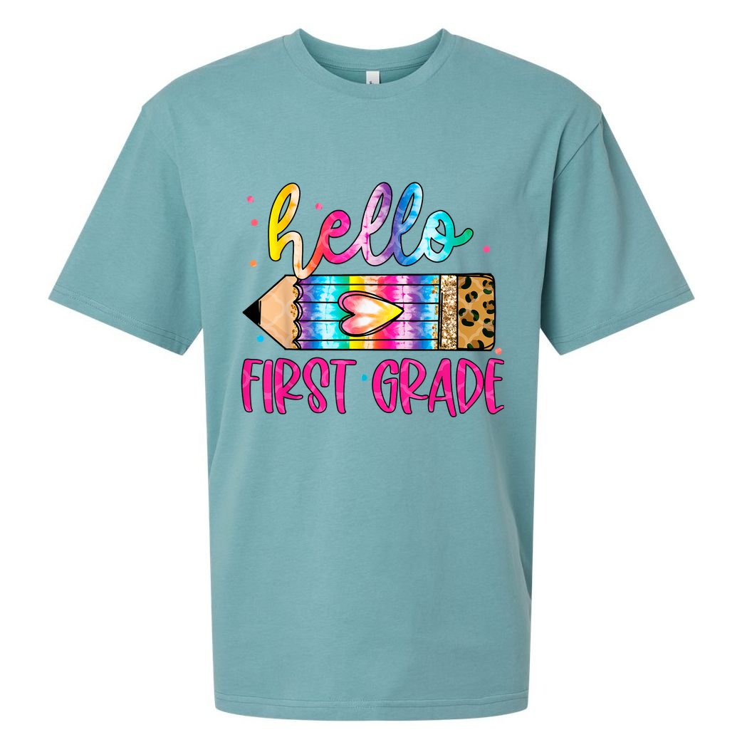 Hello First Grade Leopard Tie Dye Pencil Sueded Cloud Jersey T-Shirt