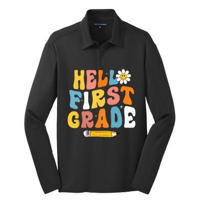 Hello First Grade Teachers Women Back To School Silk Touch Performance Long Sleeve Polo