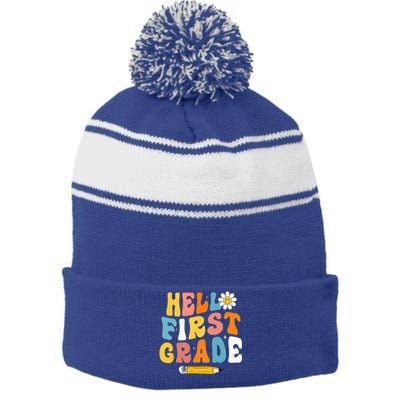 Hello First Grade Teachers Women Back To School Stripe Pom Pom Beanie