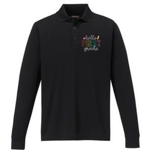 Hello First Grade Boy Girl Teacher Back To School 1st Grade Performance Long Sleeve Polo