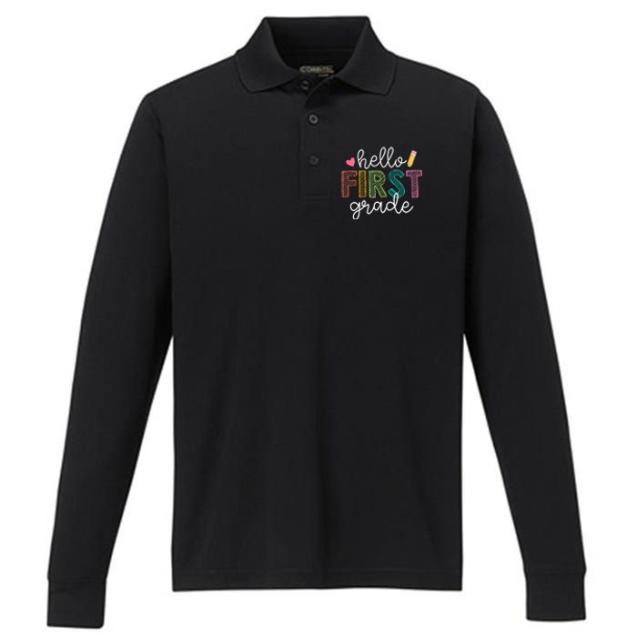 Hello First Grade Boy Girl Teacher Back To School 1st Grade Performance Long Sleeve Polo