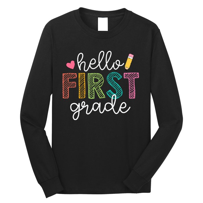 Hello First Grade Boy Girl Teacher Back To School 1st Grade Long Sleeve Shirt