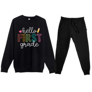 Hello First Grade Boy Girl Teacher Back To School 1st Grade Premium Crewneck Sweatsuit Set