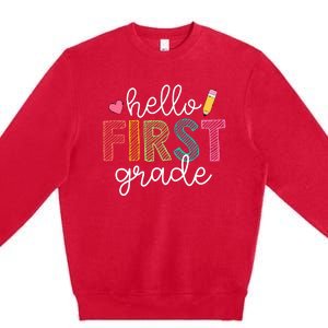 Hello First Grade Boy Girl Teacher Back To School 1st Grade Premium Crewneck Sweatshirt