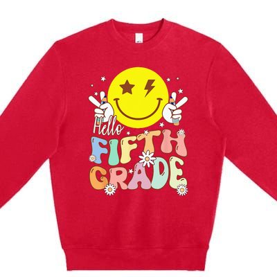 Hello Fifth Grade Hippie Smile Face 5th Grade Back To School Premium Crewneck Sweatshirt