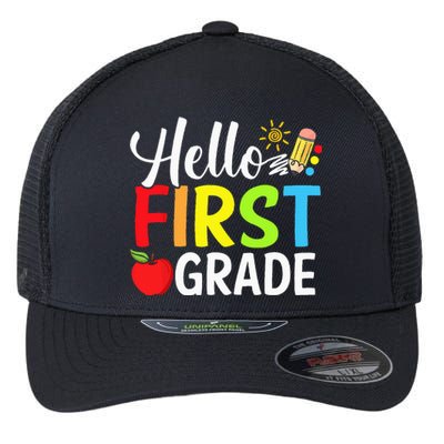 Hello First Grade Team 1st Grade Back To School Teacher Flexfit Unipanel Trucker Cap