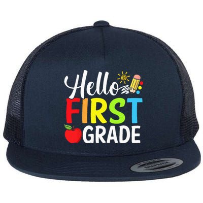 Hello First Grade Team 1st Grade Back To School Teacher Flat Bill Trucker Hat