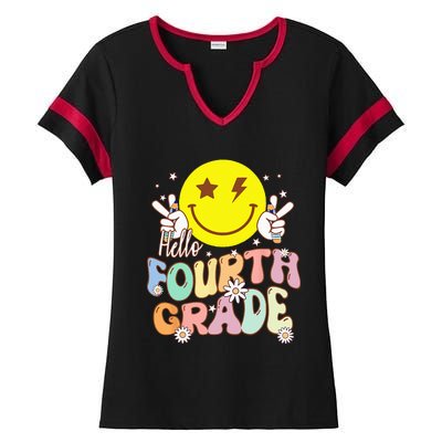 Hello Fourth Grade Funny Smile Face 4th Grade Back To School Ladies Halftime Notch Neck Tee