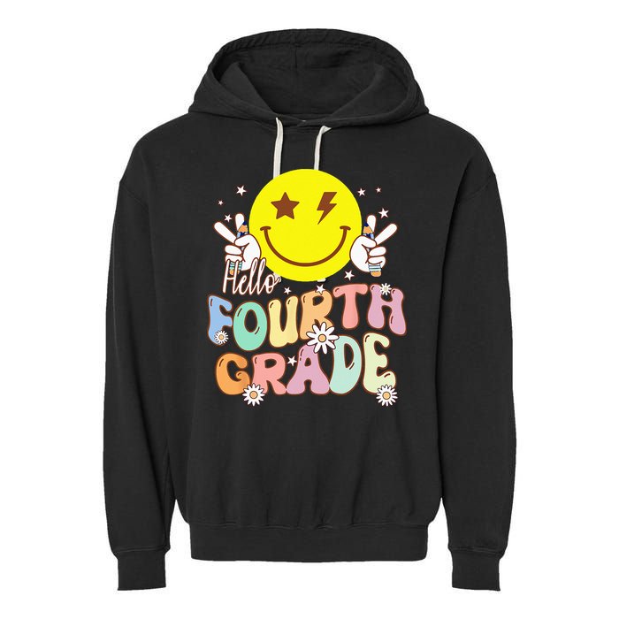 Hello Fourth Grade Funny Smile Face 4th Grade Back To School Garment-Dyed Fleece Hoodie