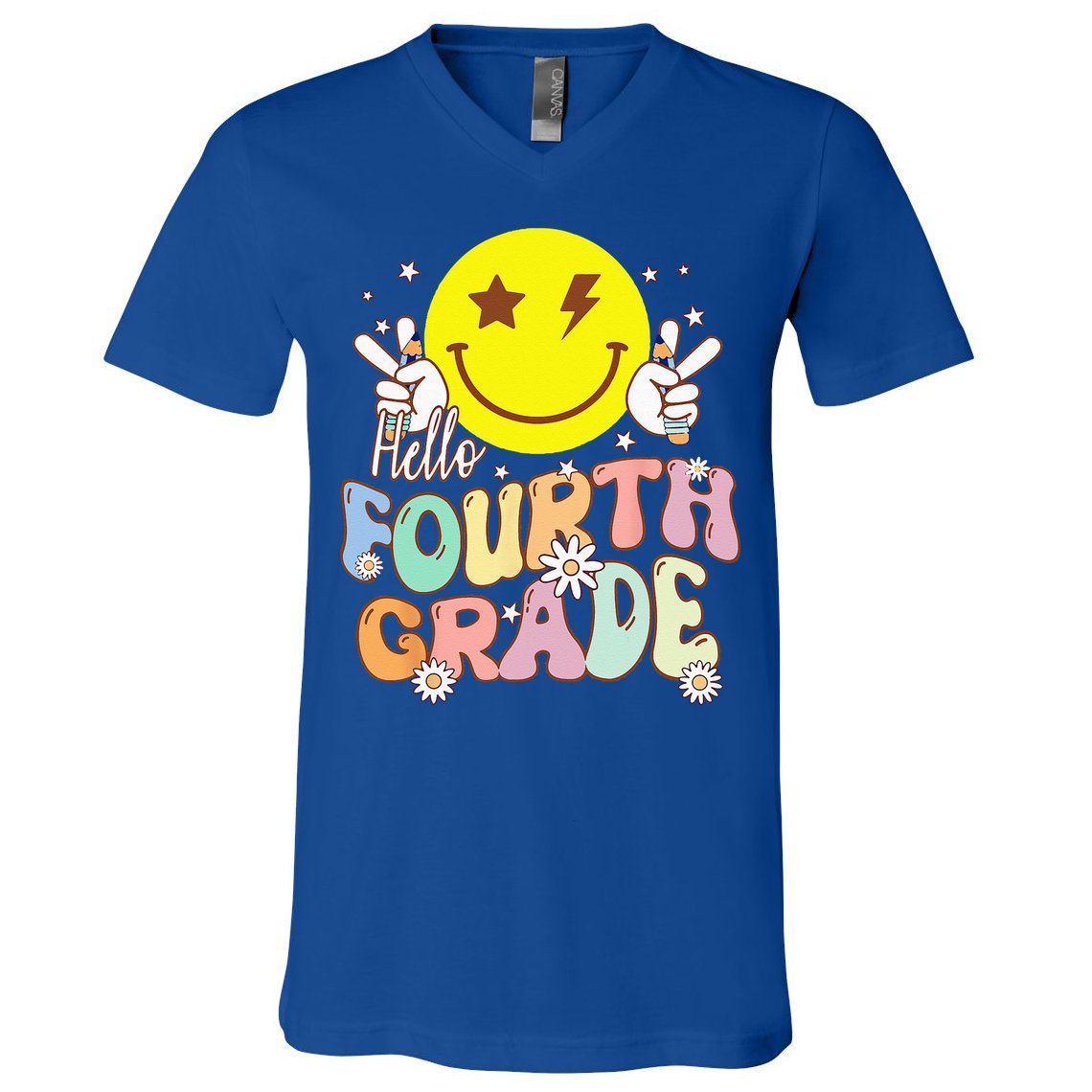 Hello Fourth Grade Funny Smile Face 4th Grade Back To School V-Neck T-Shirt