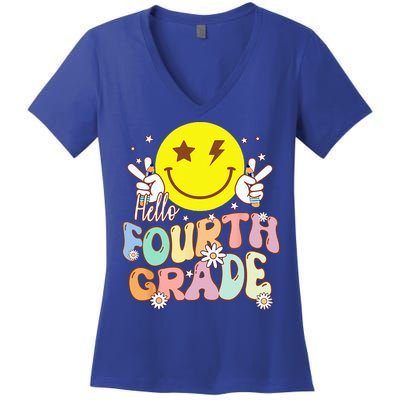 Hello Fourth Grade Funny Smile Face 4th Grade Back To School Women's V-Neck T-Shirt