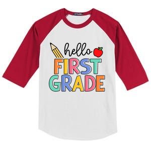 Hello First Grade Team 1st Grade Back To School Teacher Kids Colorblock Raglan Jersey