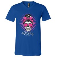 Halloween Funny Gift Witchy Mama Halloween Skull Witch Mom Funny Gift V-Neck T-Shirt