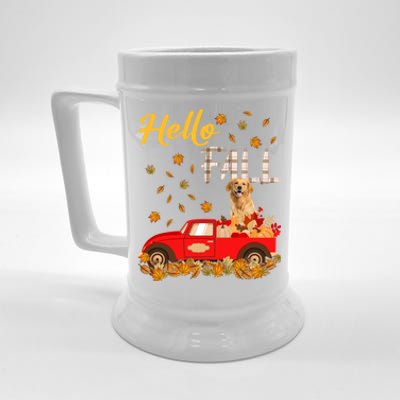 Hello Fall Golden Retriever Leaf Autumn Red Truck Dog Lover Gift Beer Stein