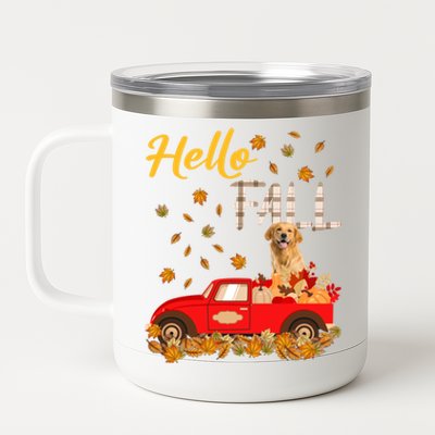 Hello Fall Golden Retriever Leaf Autumn Red Truck Dog Lover Gift 12 oz Stainless Steel Tumbler Cup