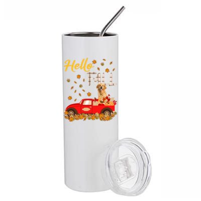 Hello Fall Golden Retriever Leaf Autumn Red Truck Dog Lover Gift Stainless Steel Tumbler