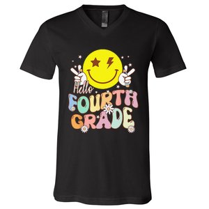 Hello Fourth Grade Funny Smile Face 4th Grade Back To School V-Neck T-Shirt