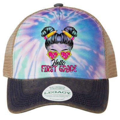 Hello First Grade Messy Bun Back To School First Day Legacy Tie Dye Trucker Hat