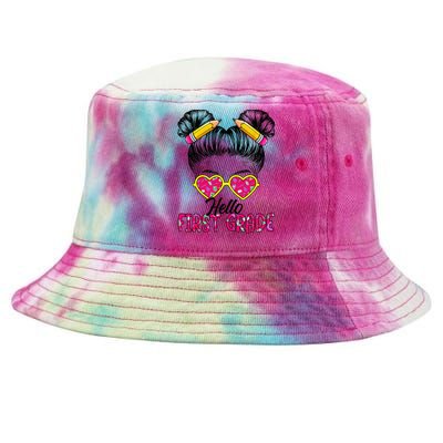 Hello First Grade Messy Bun Back To School First Day Tie-Dyed Bucket Hat