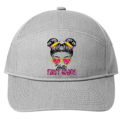 Hello First Grade Messy Bun Back To School First Day 7-Panel Snapback Hat