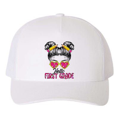 Hello First Grade Messy Bun Back To School First Day Yupoong Adult 5-Panel Trucker Hat