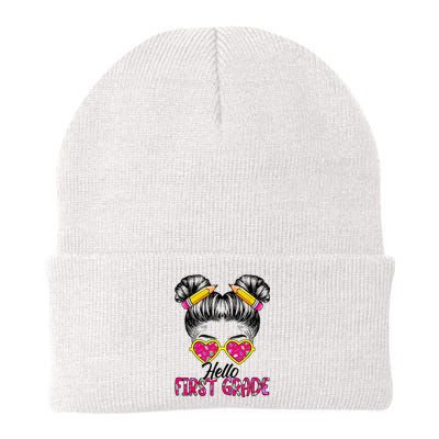 Hello First Grade Messy Bun Back To School First Day Knit Cap Winter Beanie