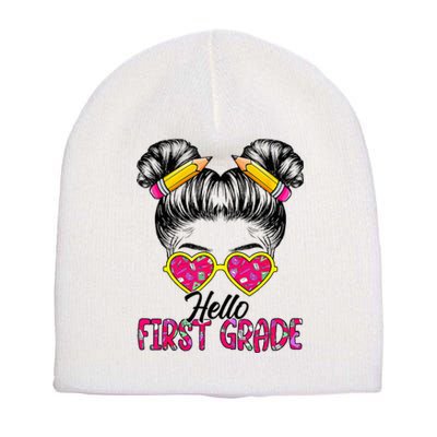 Hello First Grade Messy Bun Back To School First Day Short Acrylic Beanie