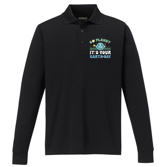 Hippie Face Go Planet Its Your Earth Day Peace Groovy Performance Long Sleeve Polo