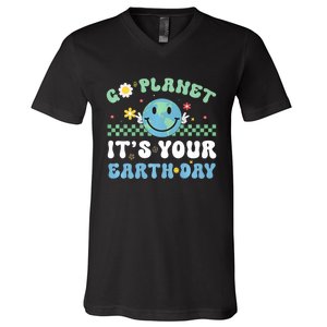 Hippie Face Go Planet Its Your Earth Day Peace Groovy V-Neck T-Shirt