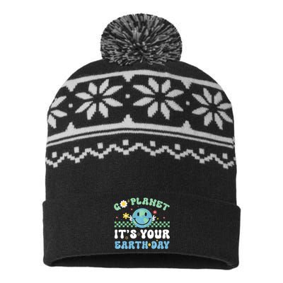 Hippie Face Go Planet Its Your Earth Day Peace Groovy USA-Made Snowflake Beanie