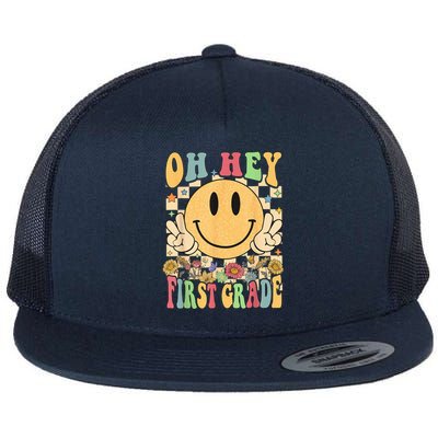 Hello First Grade Teachers Students 1st Grade Back To School Flat Bill Trucker Hat