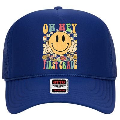 Hello First Grade Teachers Students 1st Grade Back To School High Crown Mesh Back Trucker Hat