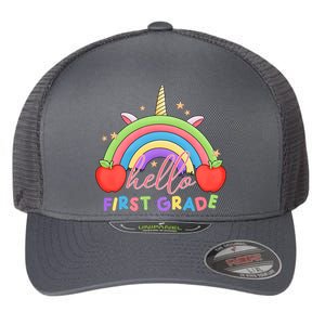 Hello First Grade Rainbow Back To School Flexfit Unipanel Trucker Cap