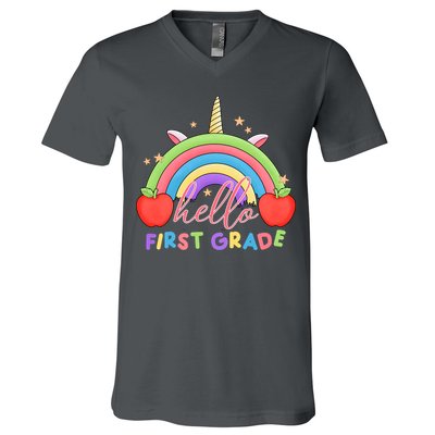 Hello First Grade Rainbow Back To School V-Neck T-Shirt