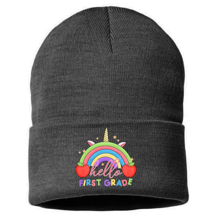 Hello First Grade Rainbow Back To School Sustainable Knit Beanie
