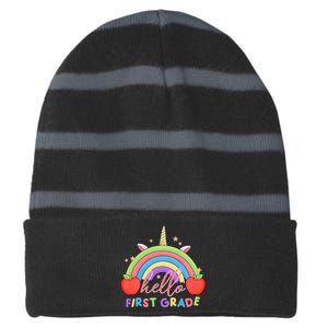 Hello First Grade Rainbow Back To School Striped Beanie with Solid Band