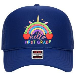 Hello First Grade Rainbow Back To School High Crown Mesh Back Trucker Hat