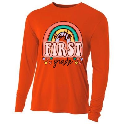 Hello First Grade Teacher Rainbow For Welcome Back To School Gift Cooling Performance Long Sleeve Crew