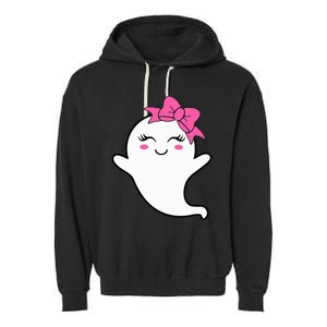 Halloween Funny Ghost With Pink Bow Boo Garment-Dyed Fleece Hoodie