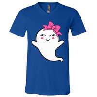 Halloween Funny Ghost With Pink Bow Boo V-Neck T-Shirt