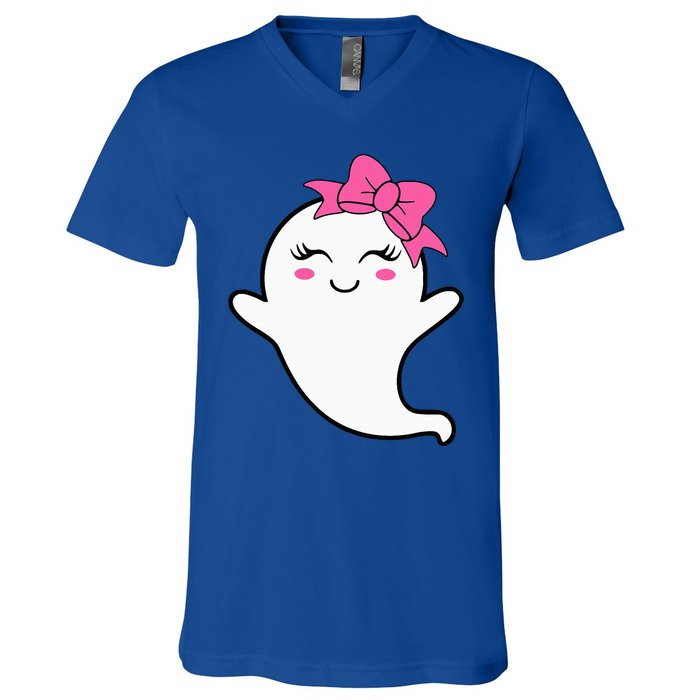 Halloween Funny Ghost With Pink Bow Boo V-Neck T-Shirt