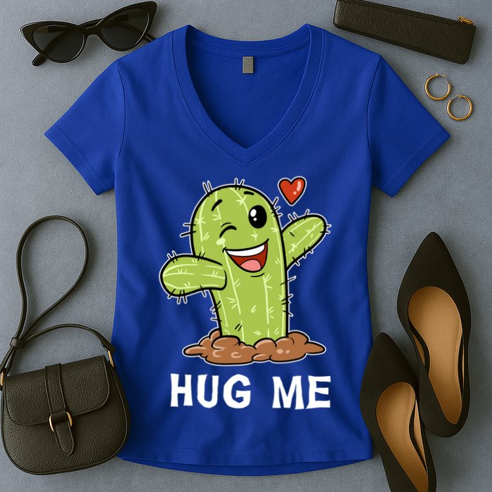 Hugs Free Hug Me Cacti Prickly Cactus Not A Hugger Hugging Funny Gift Women's V-Neck T-Shirt