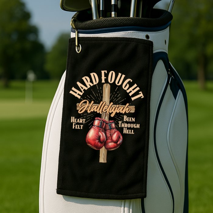 Hard Fought Hallelujah Heart Felt Been Through Hell Cross Boxing Gloves Golf Towel